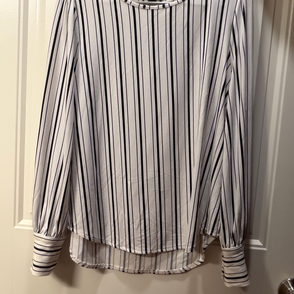 Ann Taylor White Blouse with Black Vertical Stripes